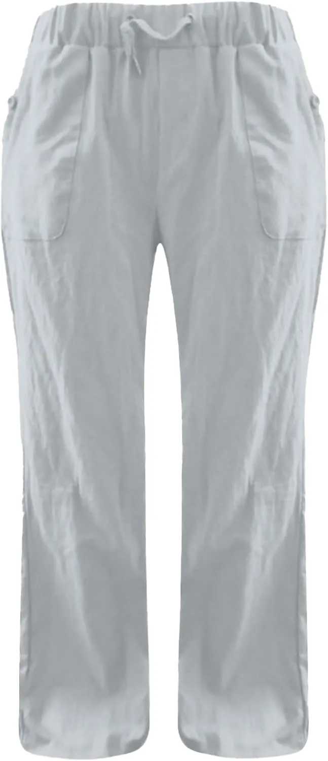 Womens Linen Pants Lounge Pant Floral Solid Palazzo Pants High Waist Wide Leg Trousers with Pockets Beach Outfits for Women