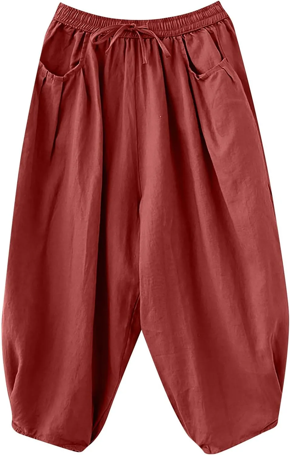 Women's Pure Color Linen Pants - Drawstring Tapered Ankle Casual Trousers with Pockets, Loose Cropped Wide Leg Pants