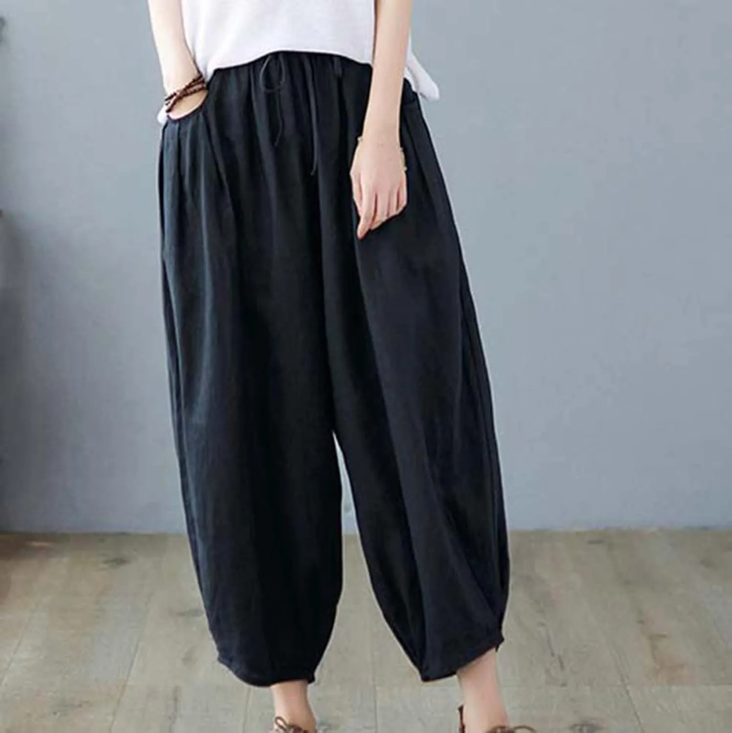 Women's Pure Color Linen Pants - Drawstring Tapered Ankle Casual Trousers with Pockets, Loose Cropped Wide Leg Pants