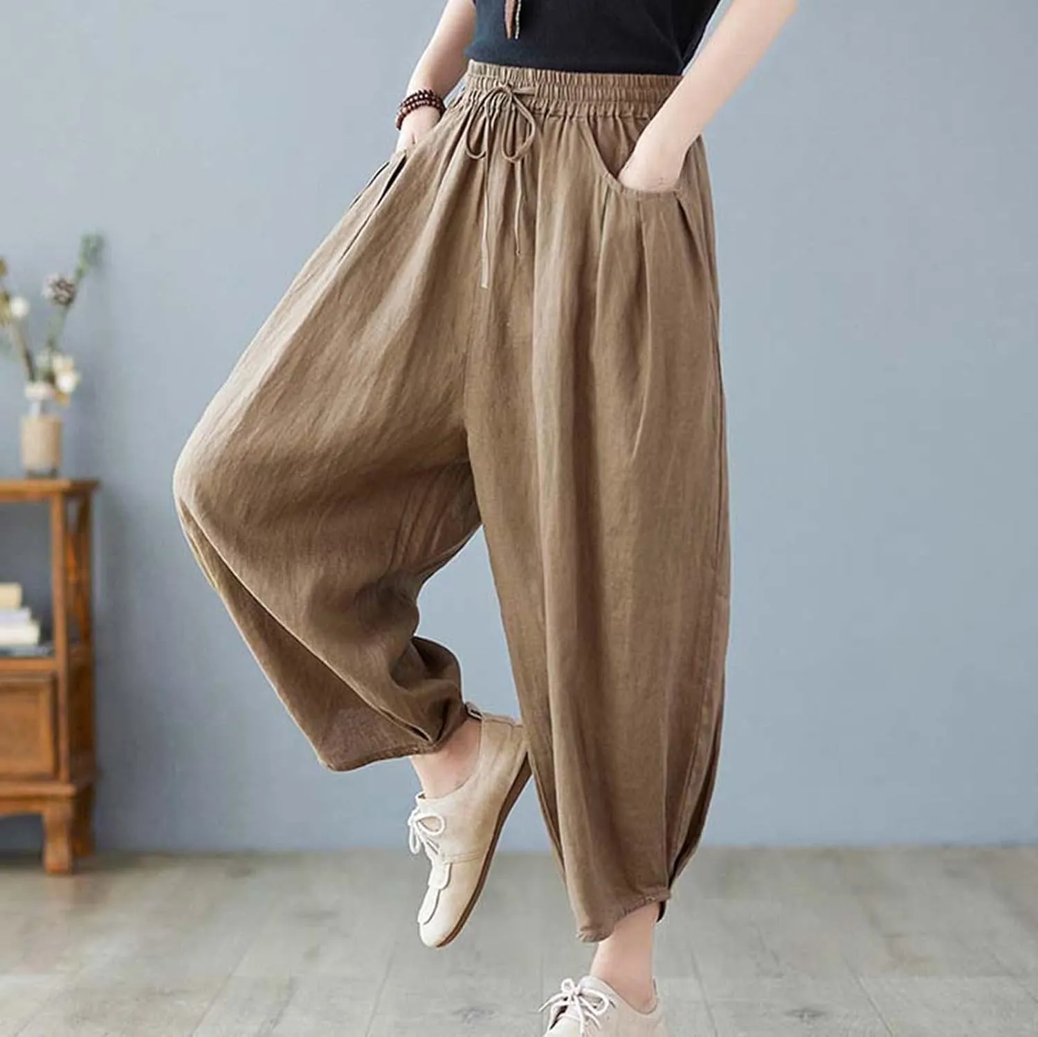 Women's Pure Color Linen Pants - Drawstring Tapered Ankle Casual Trousers with Pockets, Loose Cropped Wide Leg Pants