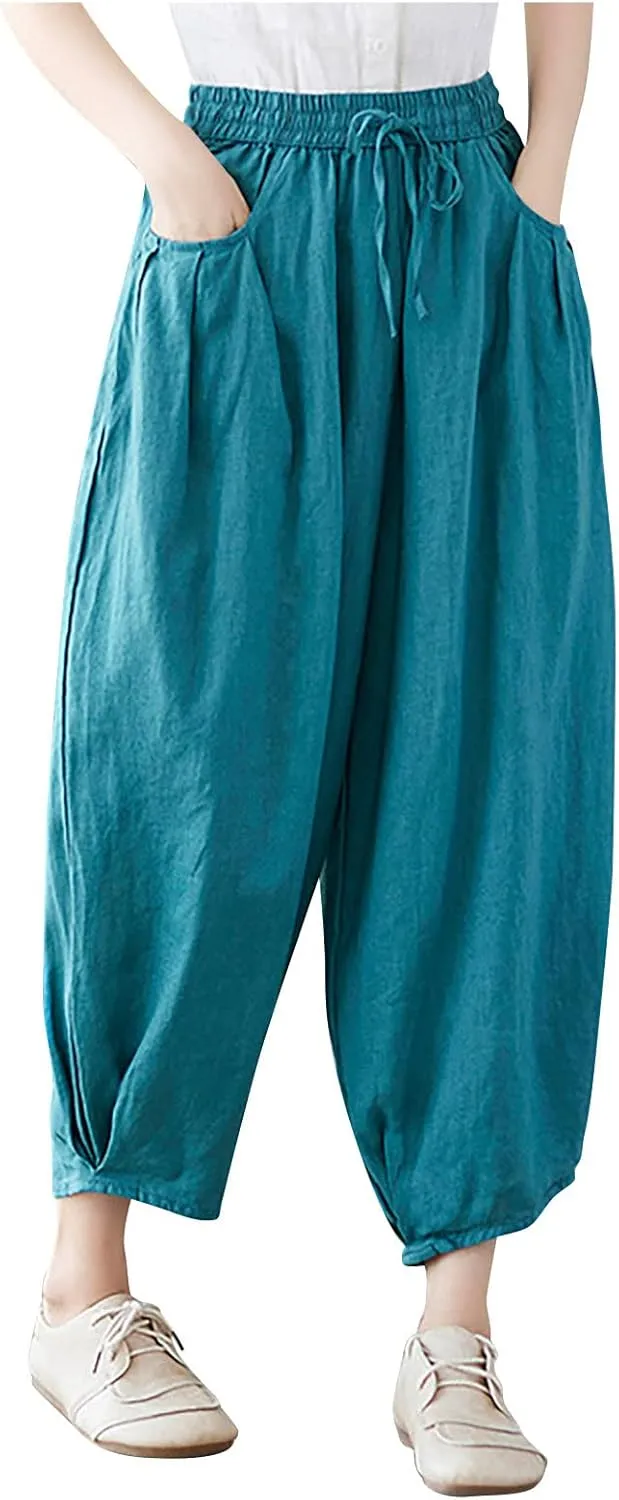 Women's Pure Color Linen Pants - Drawstring Tapered Ankle Casual Trousers with Pockets, Loose Cropped Wide Leg Pants