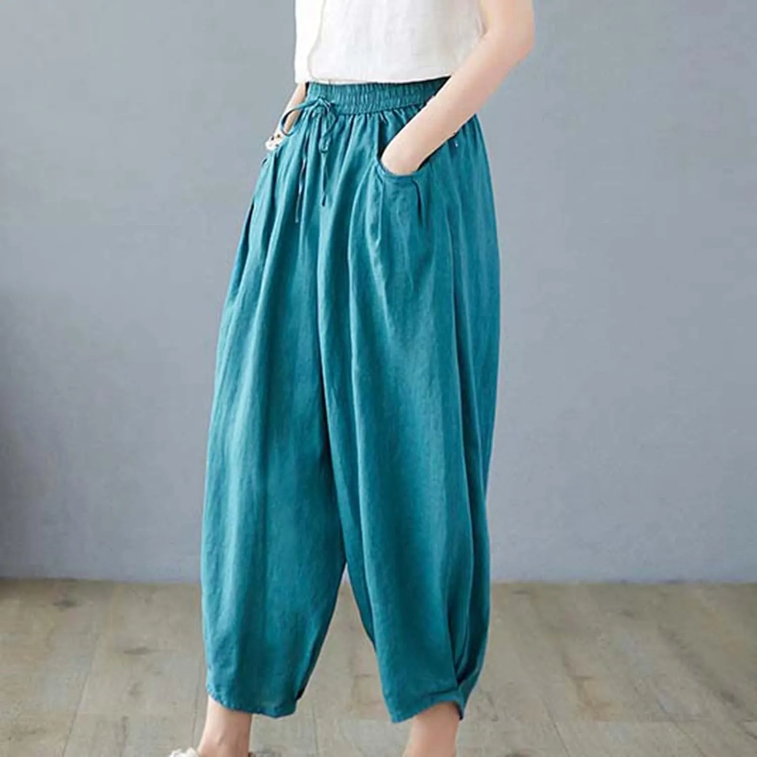 Women's Pure Color Linen Pants - Drawstring Tapered Ankle Casual Trousers with Pockets, Loose Cropped Wide Leg Pants