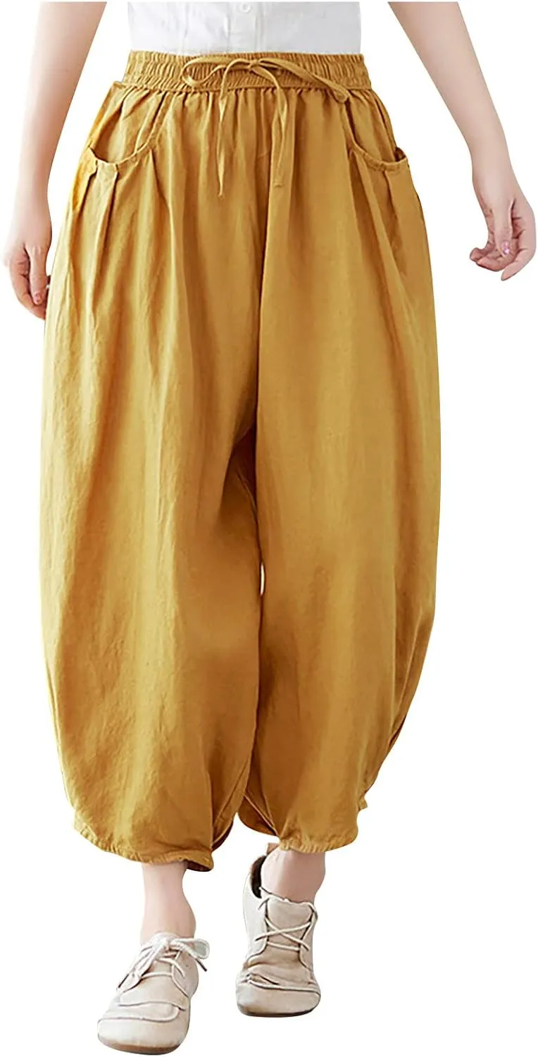 Women's Pure Color Linen Pants - Drawstring Tapered Ankle Casual Trousers with Pockets, Loose Cropped Wide Leg Pants