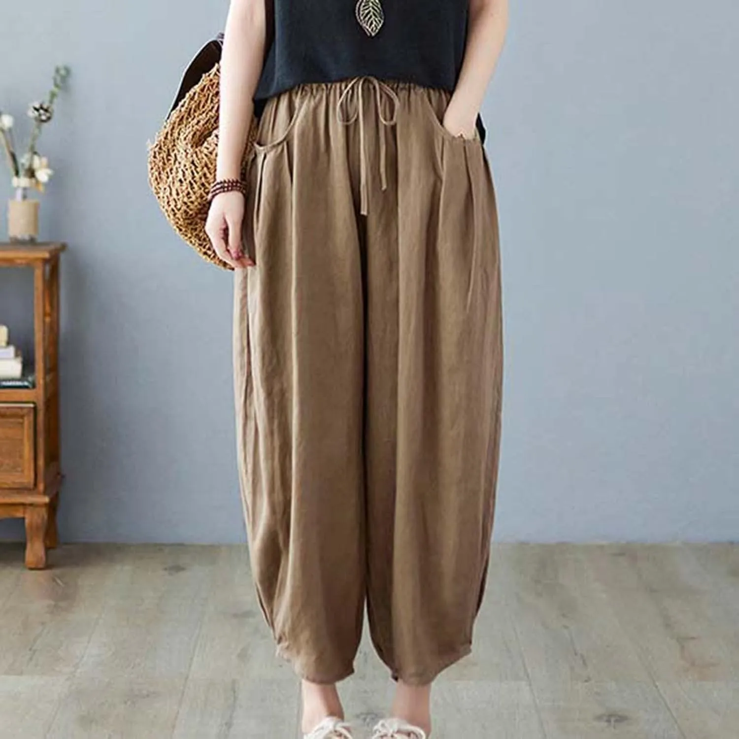 Women's Pure Color Linen Pants - Drawstring Tapered Ankle Casual Trousers with Pockets, Loose Cropped Wide Leg Pants