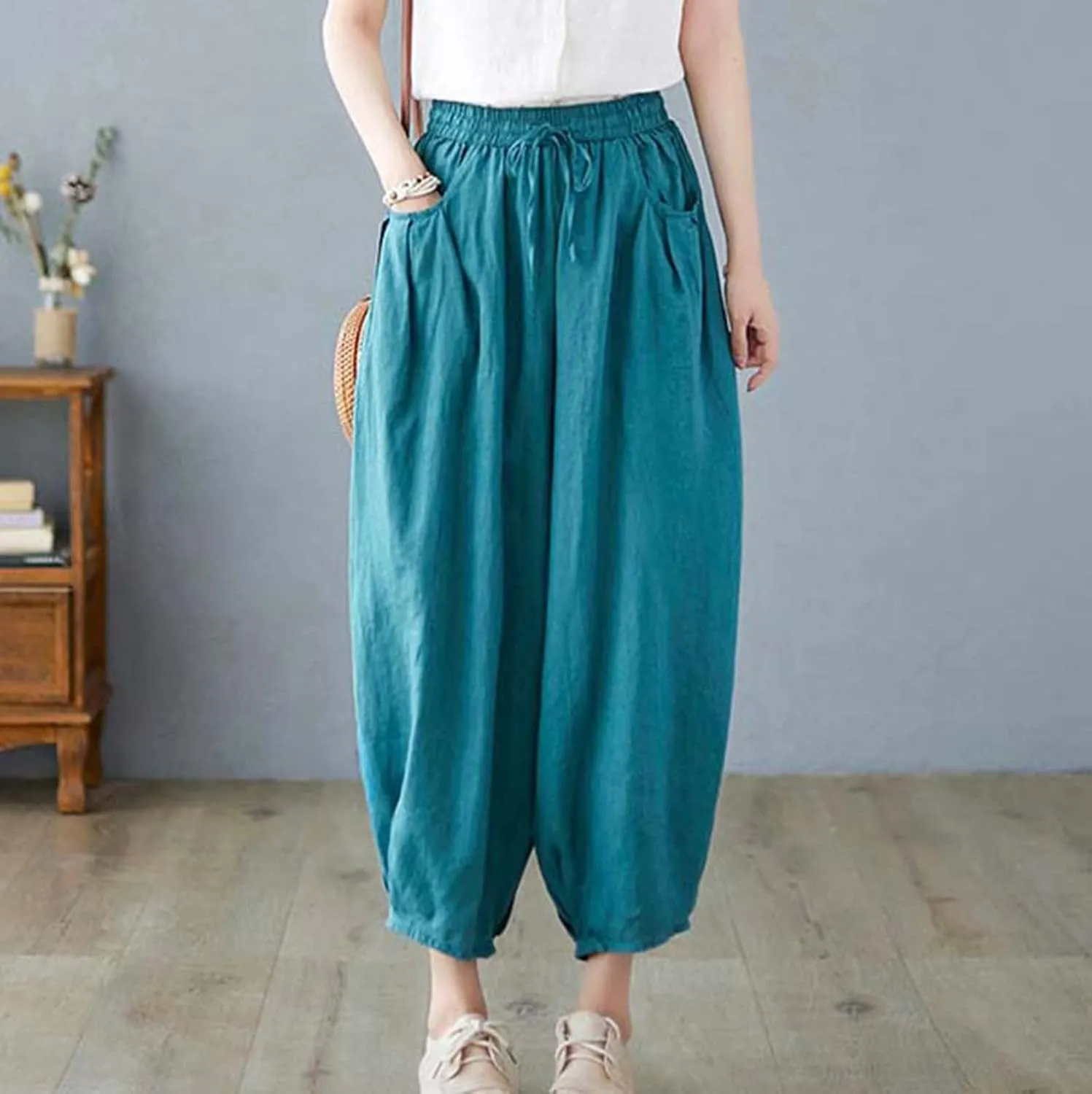 Women's Pure Color Linen Pants - Drawstring Tapered Ankle Casual Trousers with Pockets, Loose Cropped Wide Leg Pants