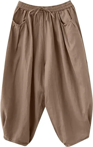 Women's Pure Color Linen Pants - Drawstring Tapered Ankle Casual Trousers with Pockets, Loose Cropped Wide Leg Pants