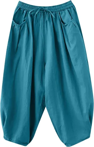 Women's Pure Color Linen Pants - Drawstring Tapered Ankle Casual Trousers with Pockets, Loose Cropped Wide Leg Pants