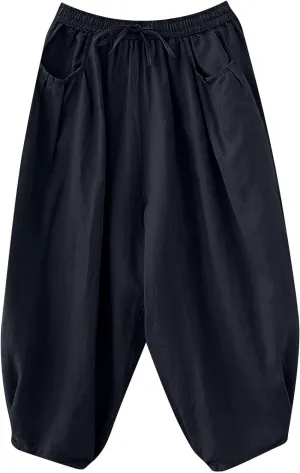 Women's Pure Color Linen Pants - Drawstring Tapered Ankle Casual Trousers with Pockets, Loose Cropped Wide Leg Pants