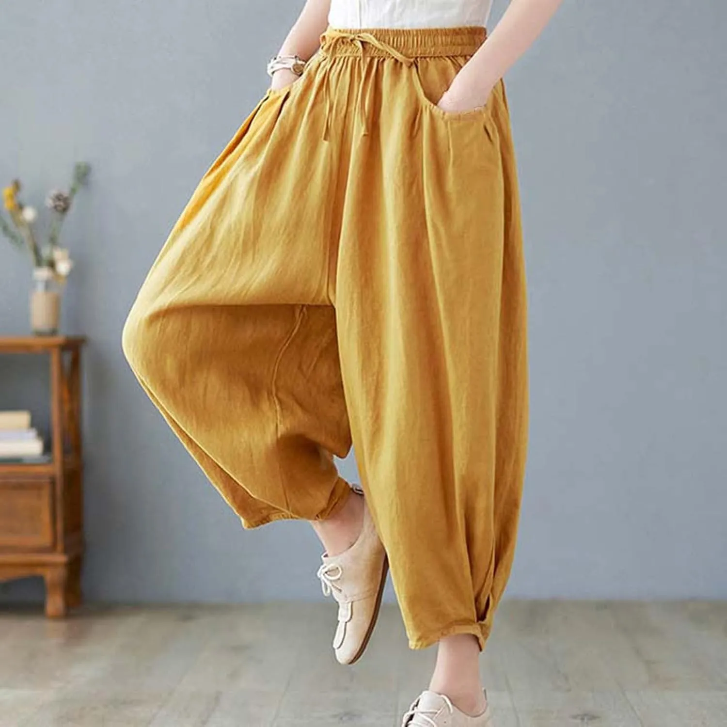 Women's Pure Color Linen Pants - Drawstring Tapered Ankle Casual Trousers with Pockets, Loose Cropped Wide Leg Pants