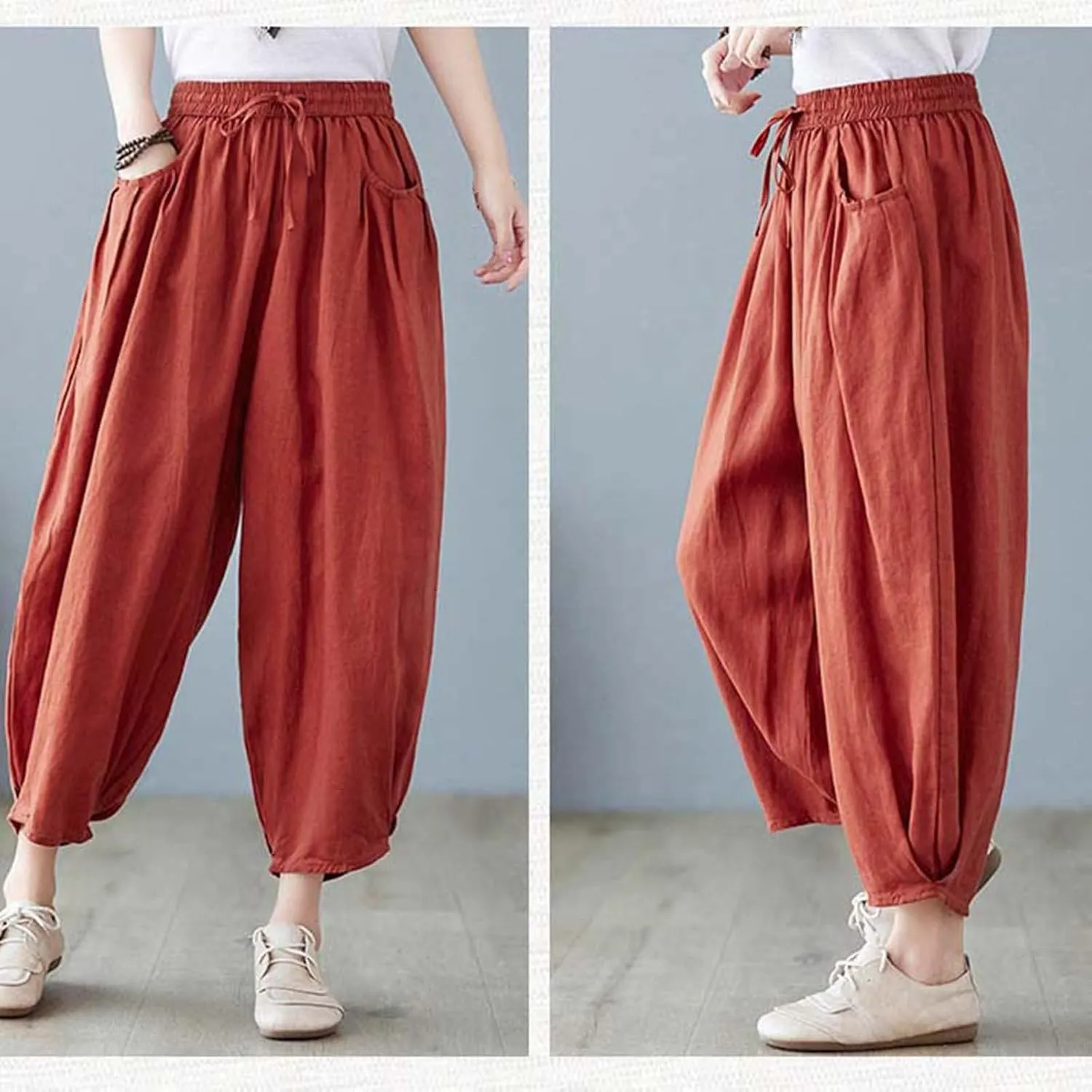 Women's Pure Color Linen Pants - Drawstring Tapered Ankle Casual Trousers with Pockets, Loose Cropped Wide Leg Pants