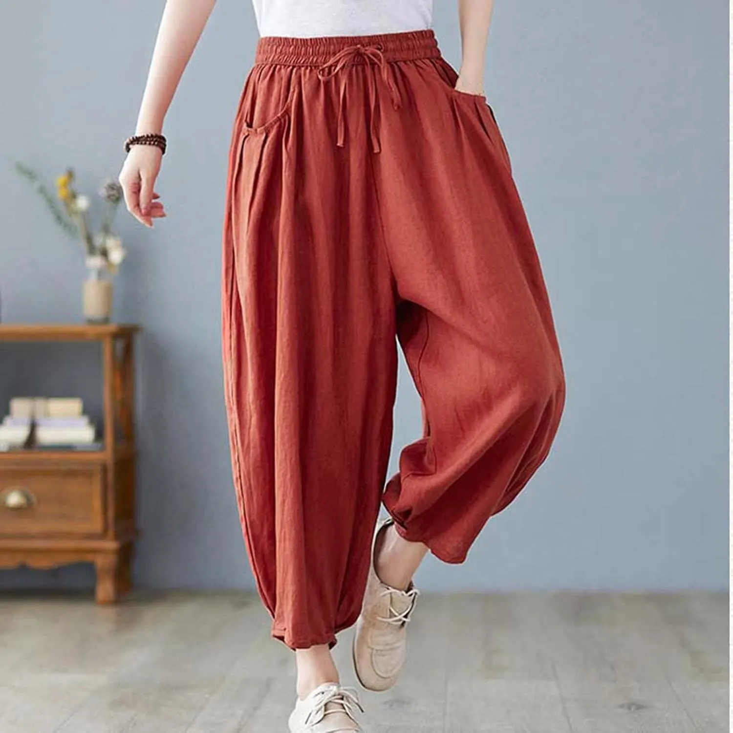 Women's Pure Color Linen Pants - Drawstring Tapered Ankle Casual Trousers with Pockets, Loose Cropped Wide Leg Pants