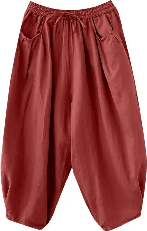 Women's Pure Color Linen Pants - Drawstring Tapered Ankle Casual Trousers with Pockets, Loose Cropped Wide Leg Pants