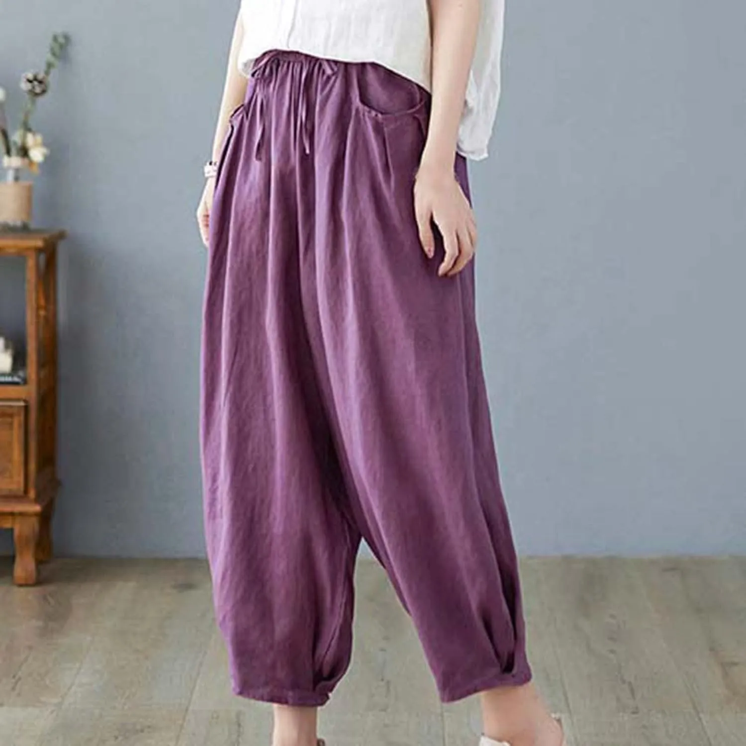 Women's Pure Color Linen Pants - Drawstring Tapered Ankle Casual Trousers with Pockets, Loose Cropped Wide Leg Pants