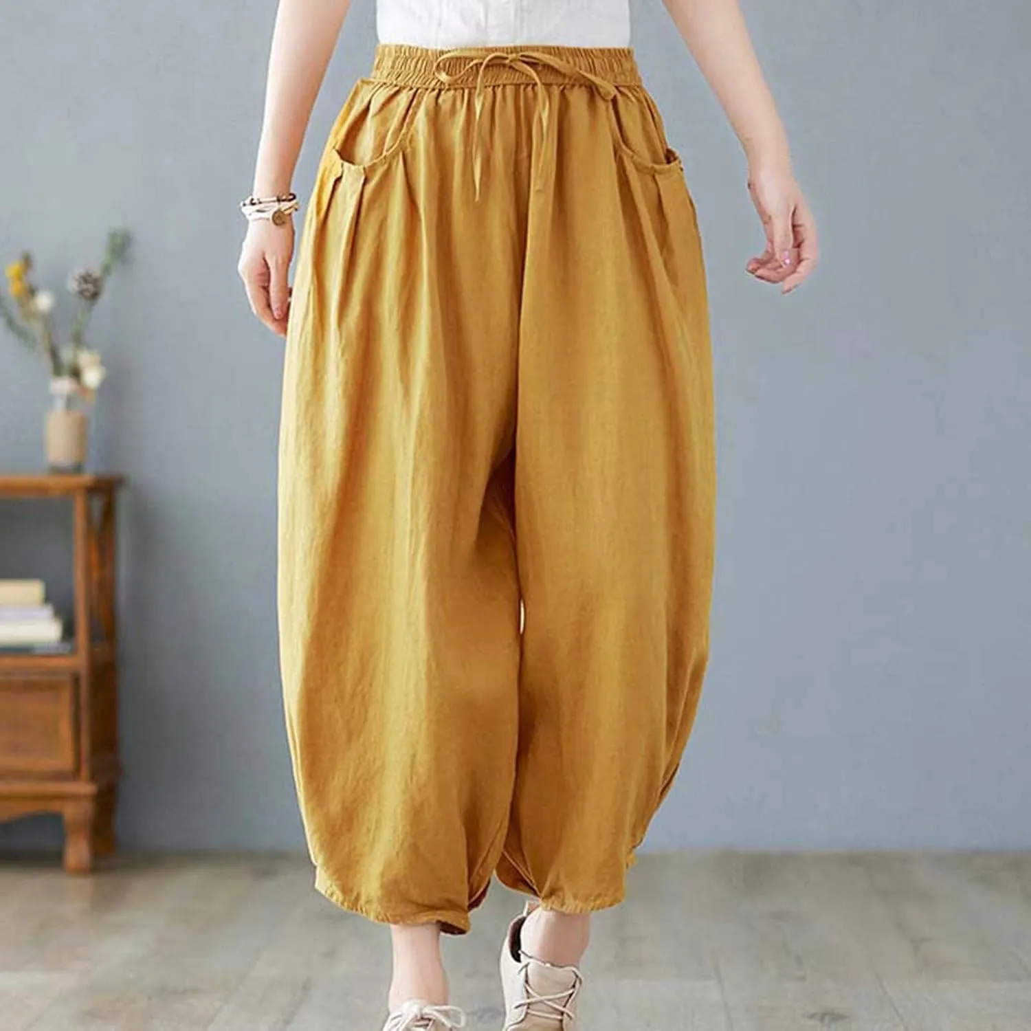 Women's Pure Color Linen Pants - Drawstring Tapered Ankle Casual Trousers with Pockets, Loose Cropped Wide Leg Pants