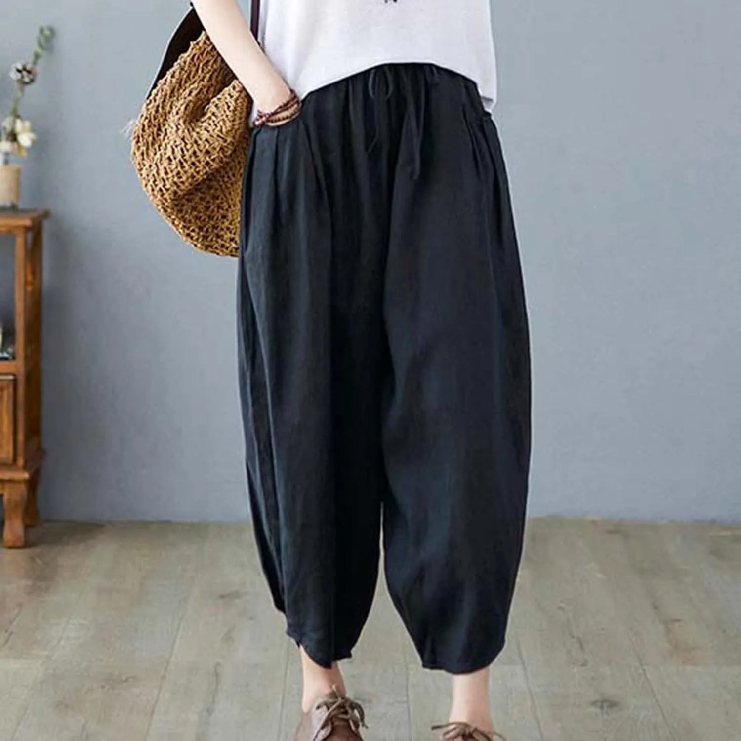 Women's Pure Color Linen Pants - Drawstring Tapered Ankle Casual Trousers with Pockets, Loose Cropped Wide Leg Pants