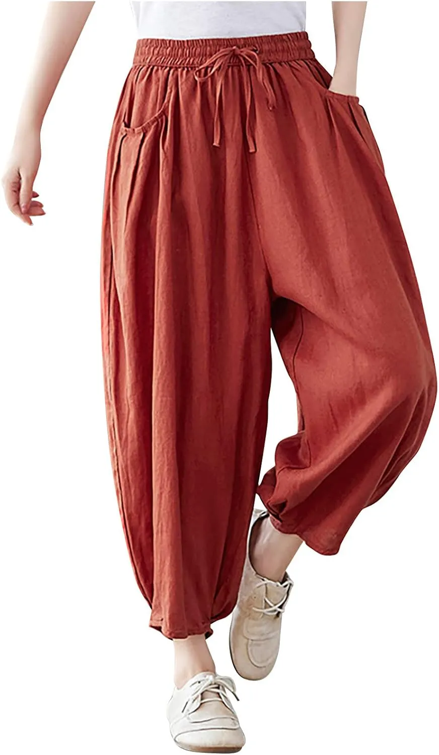 Women's Pure Color Linen Pants - Drawstring Tapered Ankle Casual Trousers with Pockets, Loose Cropped Wide Leg Pants