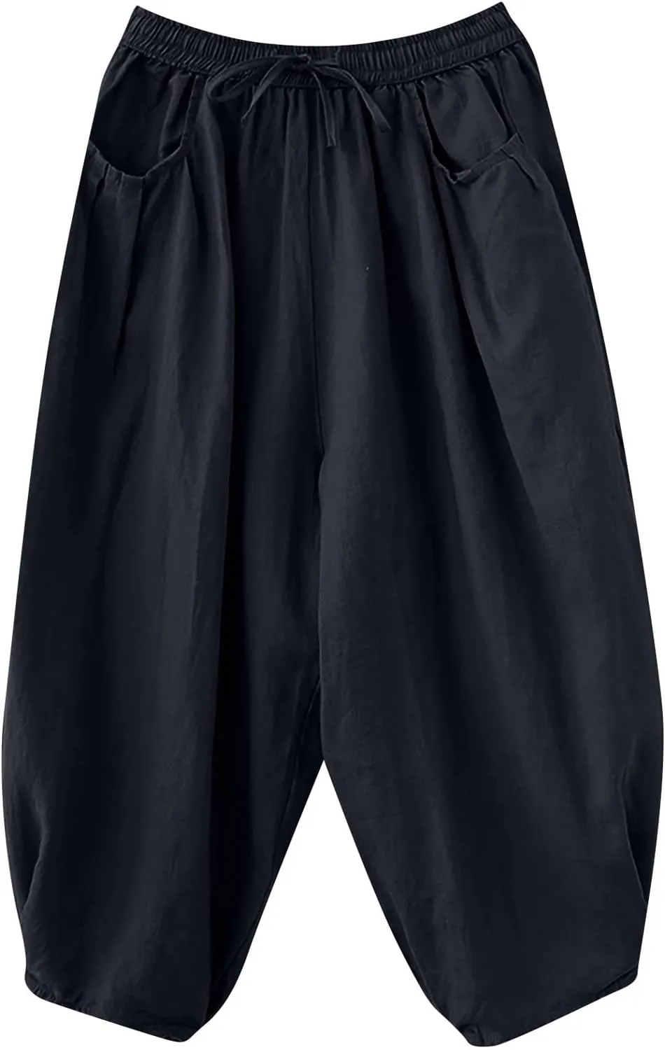 Women's Pure Color Linen Pants - Drawstring Tapered Ankle Casual Trousers with Pockets, Loose Cropped Wide Leg Pants