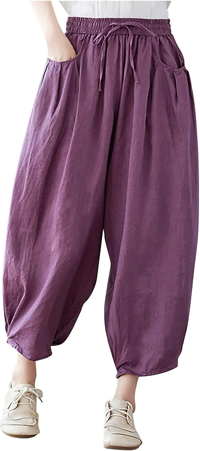 Women's Pure Color Linen Pants - Drawstring Tapered Ankle Casual Trousers with Pockets, Loose Cropped Wide Leg Pants
