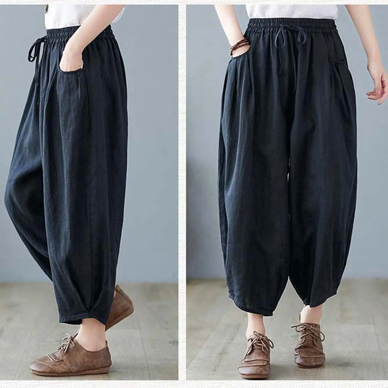 Women's Pure Color Linen Pants - Drawstring Tapered Ankle Casual Trousers with Pockets, Loose Cropped Wide Leg Pants