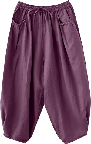 Women's Pure Color Linen Pants - Drawstring Tapered Ankle Casual Trousers with Pockets, Loose Cropped Wide Leg Pants