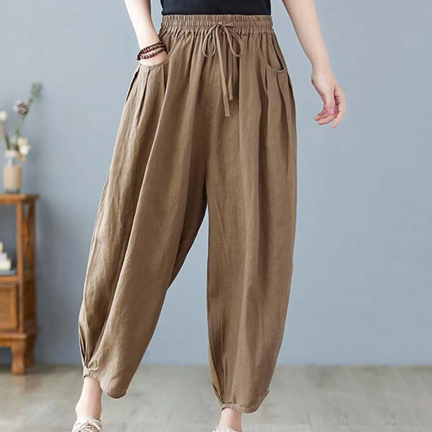 Women's Pure Color Linen Pants - Drawstring Tapered Ankle Casual Trousers with Pockets, Loose Cropped Wide Leg Pants