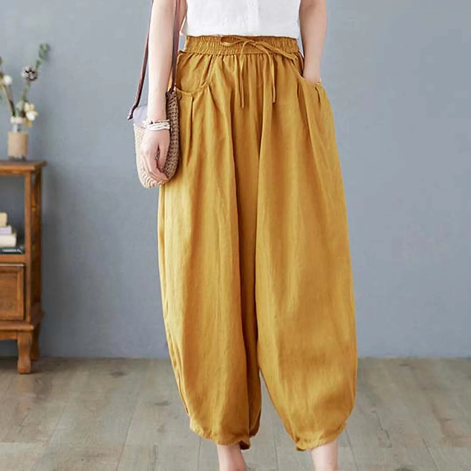 Women's Pure Color Linen Pants - Drawstring Tapered Ankle Casual Trousers with Pockets, Loose Cropped Wide Leg Pants