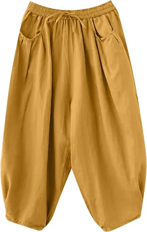 Women's Pure Color Linen Pants - Drawstring Tapered Ankle Casual Trousers with Pockets, Loose Cropped Wide Leg Pants