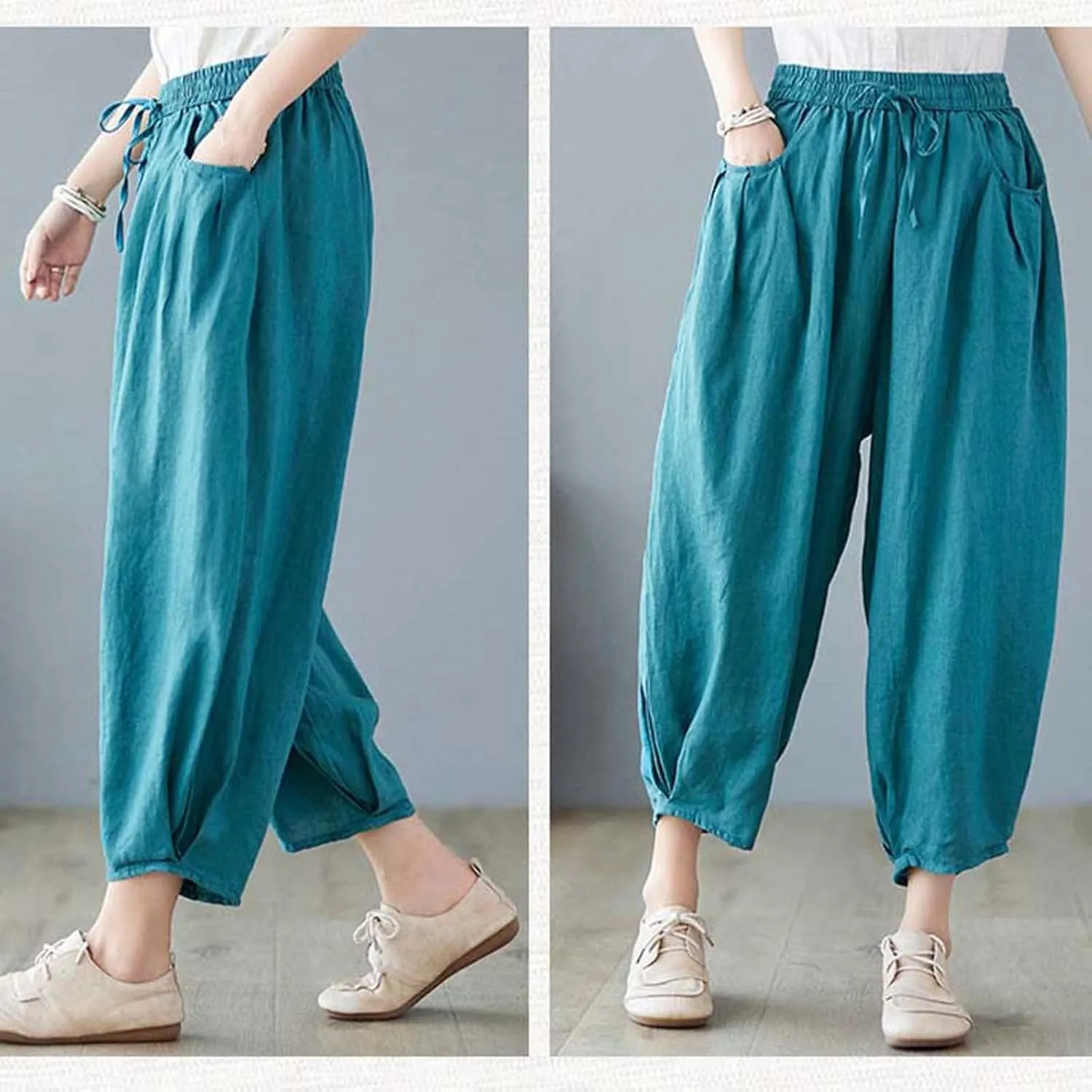 Women's Pure Color Linen Pants - Drawstring Tapered Ankle Casual Trousers with Pockets, Loose Cropped Wide Leg Pants