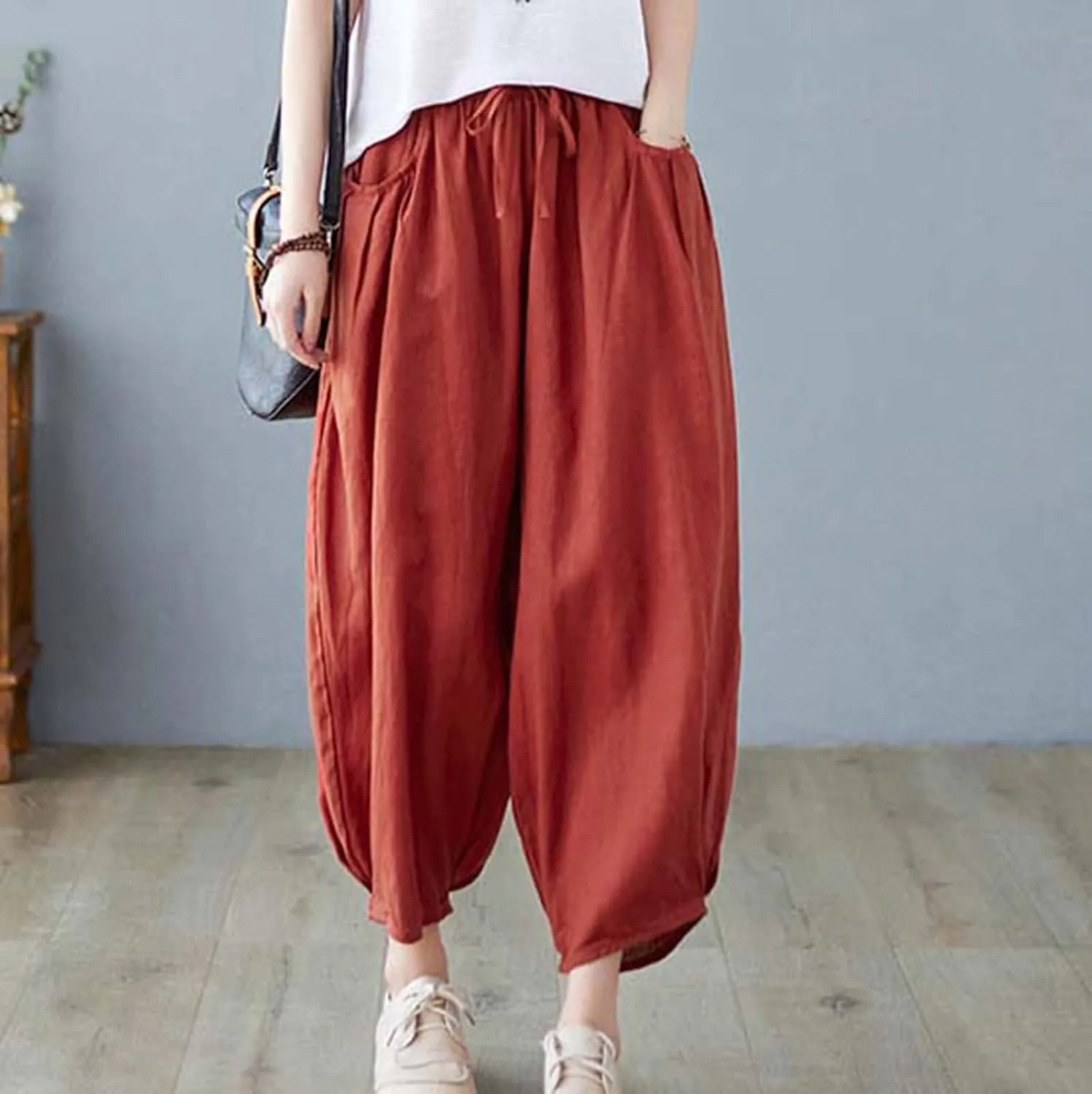 Women's Pure Color Linen Pants - Drawstring Tapered Ankle Casual Trousers with Pockets, Loose Cropped Wide Leg Pants