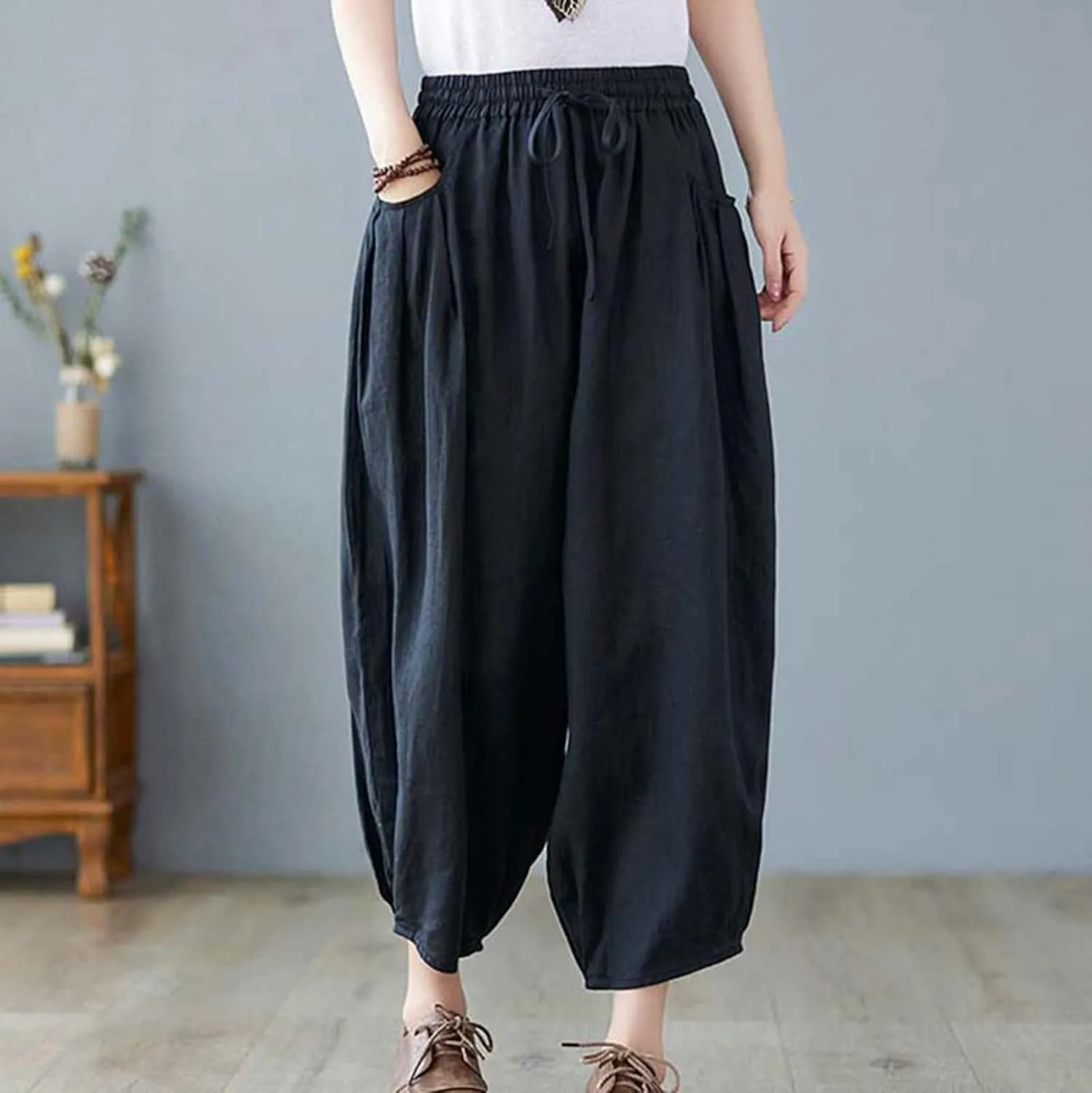 Women's Pure Color Linen Pants - Drawstring Tapered Ankle Casual Trousers with Pockets, Loose Cropped Wide Leg Pants