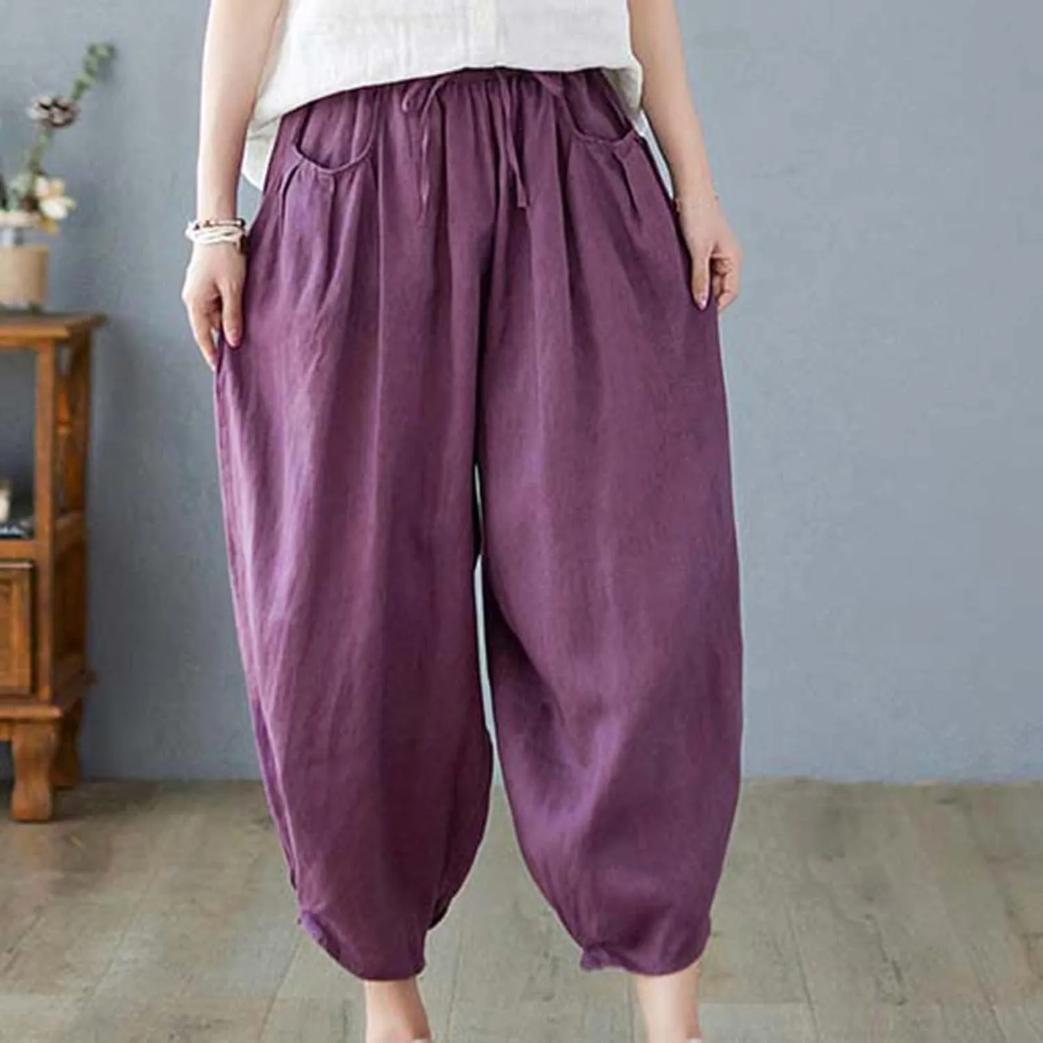 Women's Pure Color Linen Pants - Drawstring Tapered Ankle Casual Trousers with Pockets, Loose Cropped Wide Leg Pants