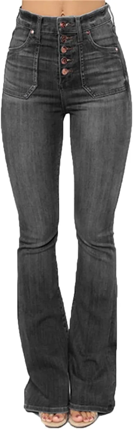 Women's Retro Style Skinny Bell Bottom Jeans Classic High Rise Button Fly Flare Jean
