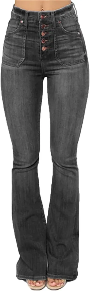 Women's Retro Style Skinny Bell Bottom Jeans Classic High Rise Button Fly Flare Jean