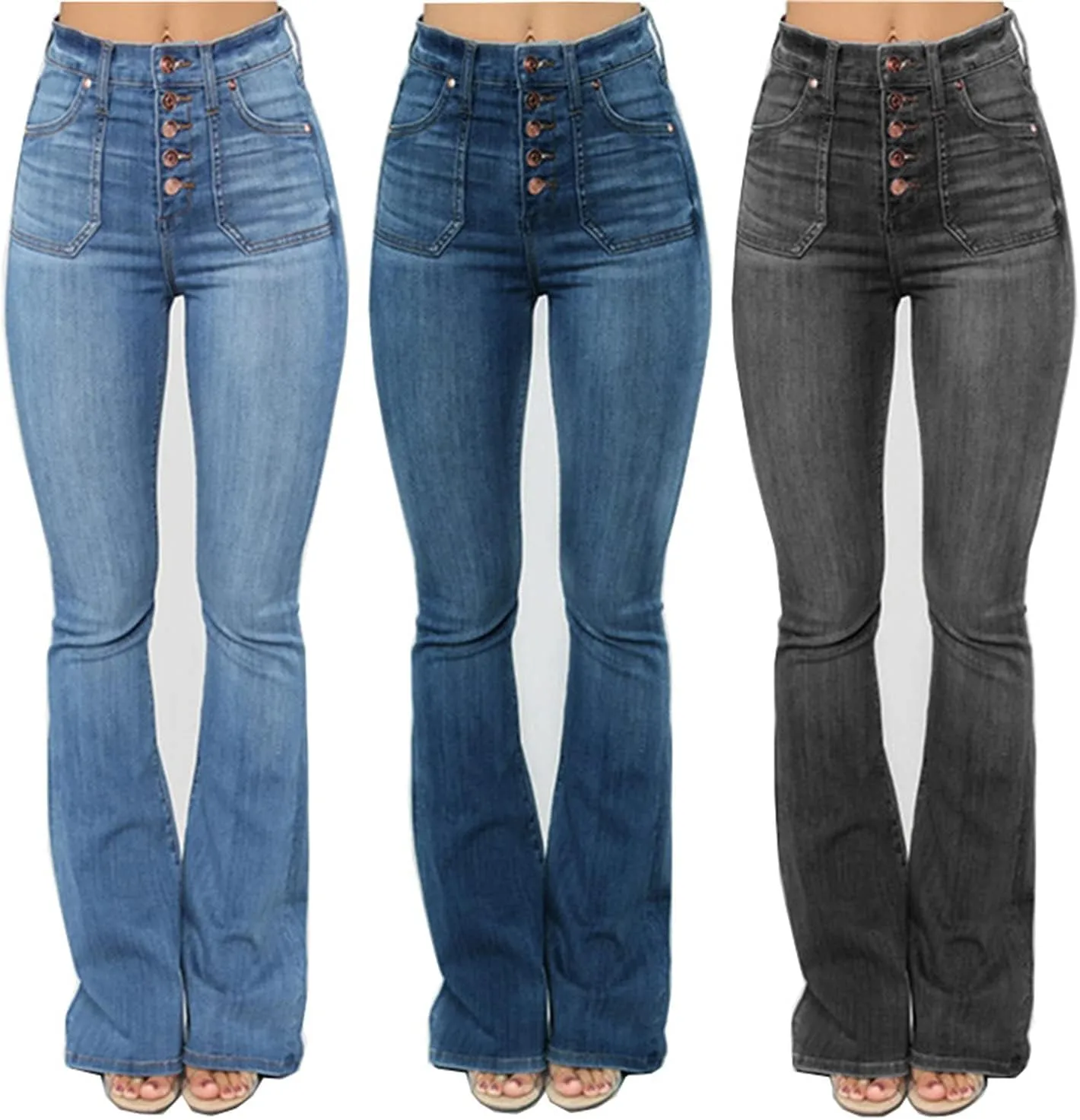 Women's Retro Style Skinny Bell Bottom Jeans Classic High Rise Button Fly Flare Jean