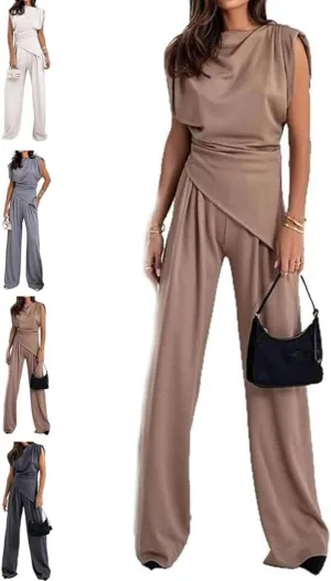 Women's Round Neck Pleated Sleeveless Casual Suit,Summer Vest Wide Leg Pantsuit with Pocket,Vest Suit 2 Piece Outfits