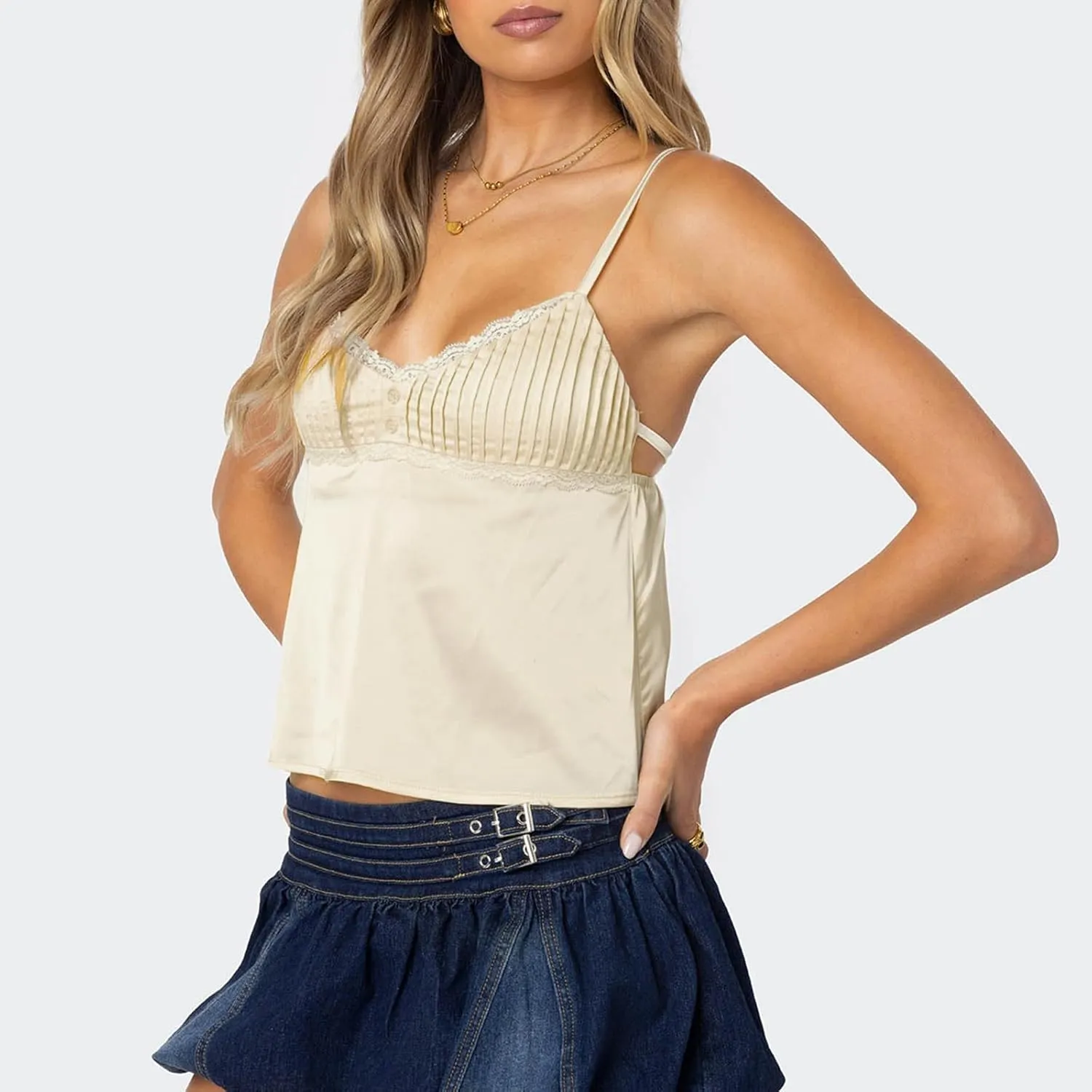 Womens Sexy Lace Trim Camisole Tank Tops Y2k Slim Fit Corset Going Out Street Wear Ruffle Spaghetti Strap Cami Top