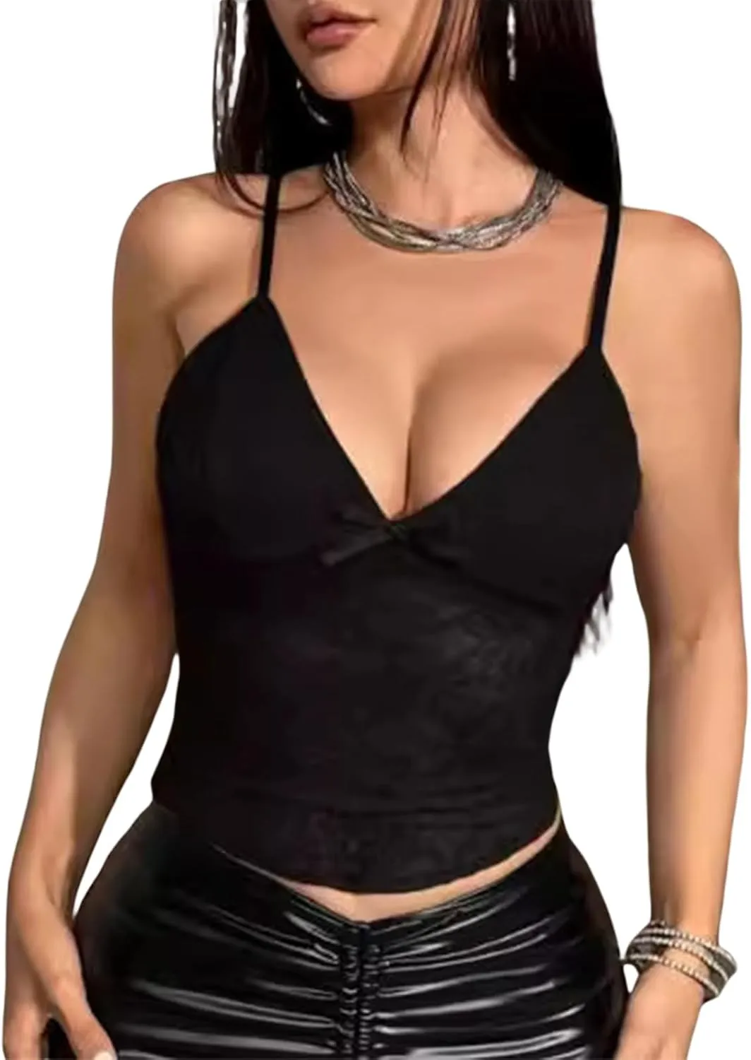 Womens Sexy Lace Trim Camisole Tank Tops Y2k Slim Fit Corset Going Out Street Wear Ruffle Spaghetti Strap Cami Top