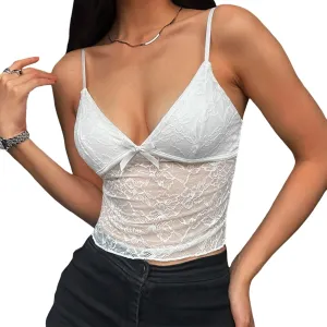 Womens Sexy Lace Trim Camisole Tank Tops Y2k Slim Fit Corset Going Out Street Wear Ruffle Spaghetti Strap Cami Top