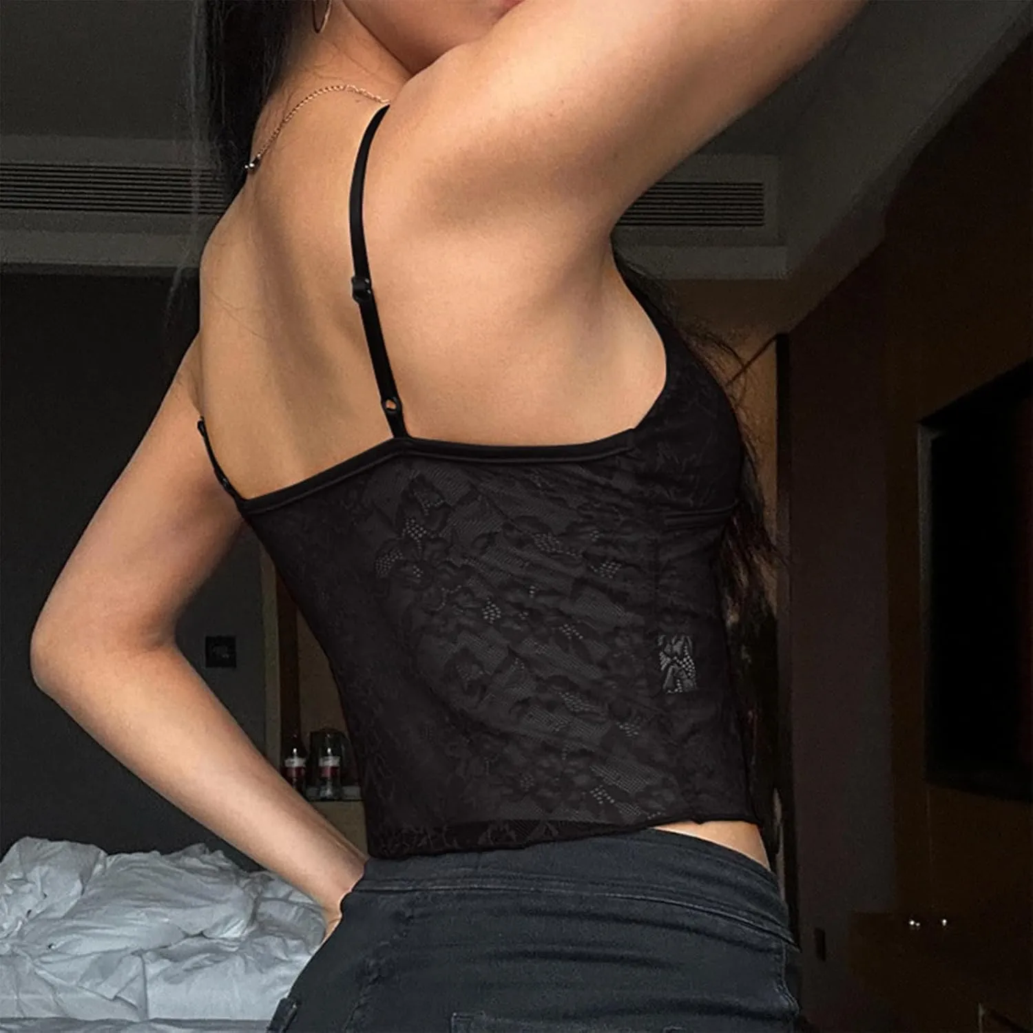 Womens Sexy Lace Trim Camisole Tank Tops Y2k Slim Fit Corset Going Out Street Wear Ruffle Spaghetti Strap Cami Top