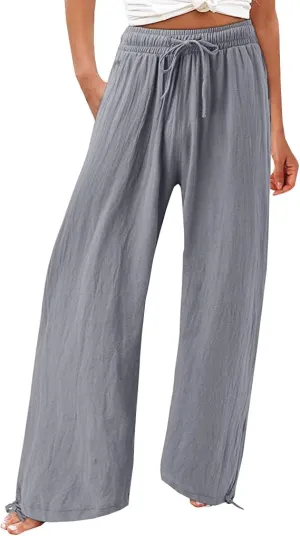 Women's Summer Solid Cotton Linen Drawstring Elastic High Waist Pants Wide Leg Palazzo Trousers