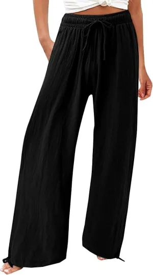 Women's Summer Solid Cotton Linen Drawstring Elastic High Waist Pants Wide Leg Palazzo Trousers