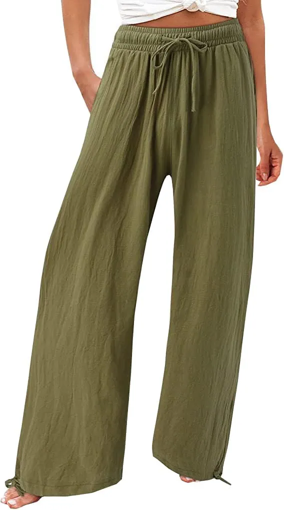 Women's Summer Solid Cotton Linen Drawstring Elastic High Waist Pants Wide Leg Palazzo Trousers