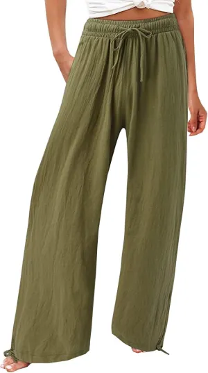 Women's Summer Solid Cotton Linen Drawstring Elastic High Waist Pants Wide Leg Palazzo Trousers
