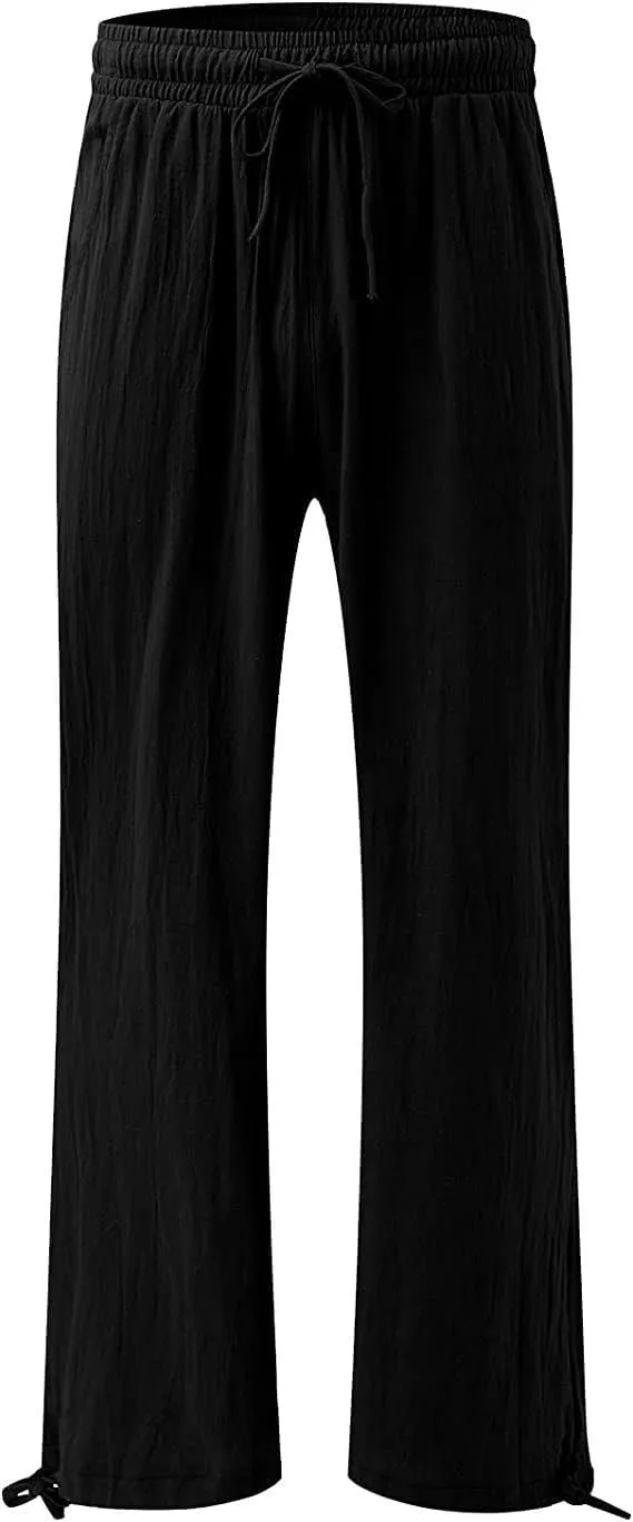 Women's Summer Solid Cotton Linen Drawstring Elastic High Waist Pants Wide Leg Palazzo Trousers
