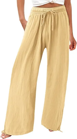 Women's Summer Solid Cotton Linen Drawstring Elastic High Waist Pants Wide Leg Palazzo Trousers