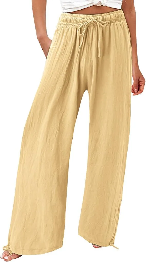 Women's Summer Solid Cotton Linen Drawstring Elastic High Waist Pants Wide Leg Palazzo Trousers