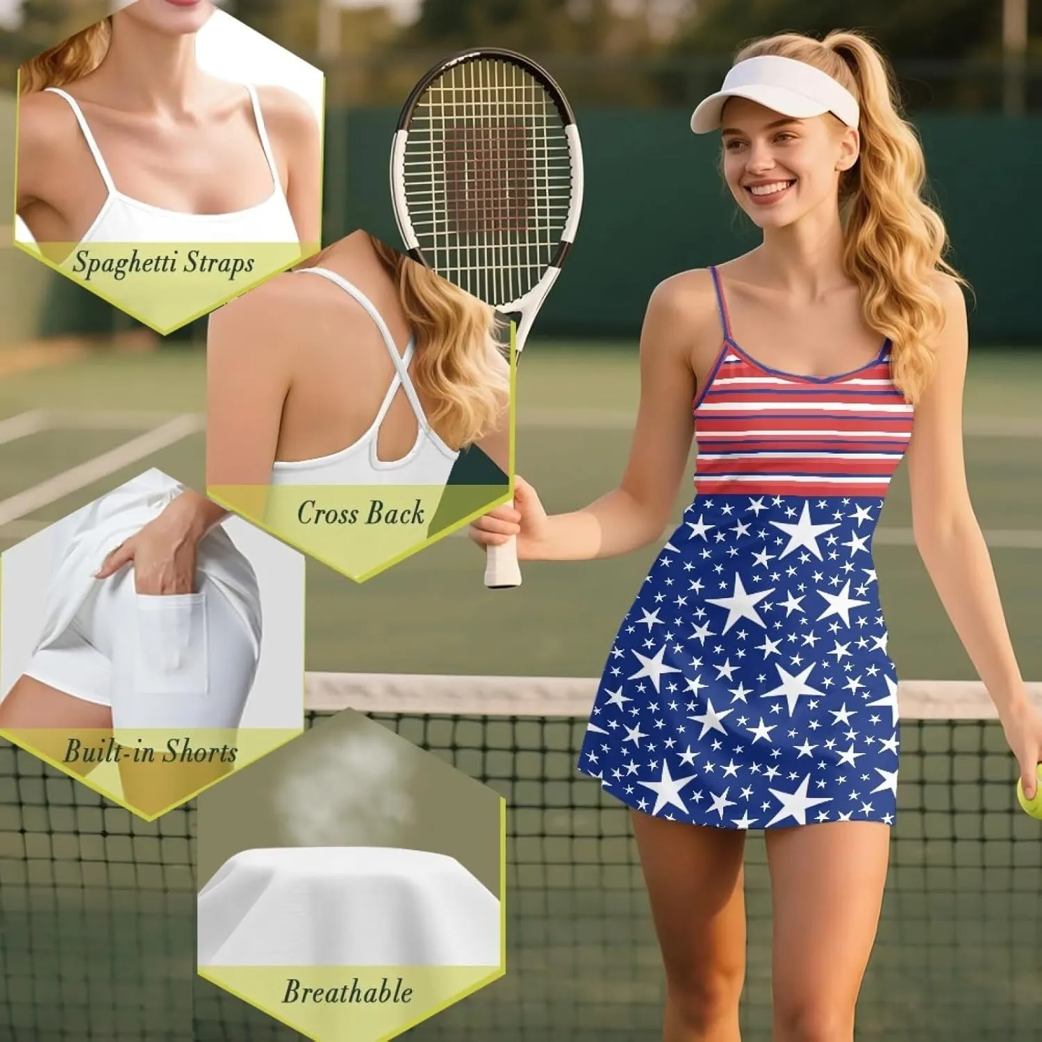 Womens Tennis Dress with Built in Shorts Spaghetti Strap Backless Sleeveless Golf Fashion Athletic Dress XS-2XL