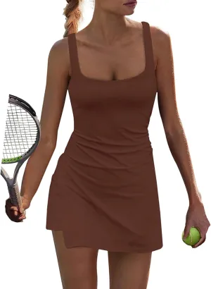 Womens Tennis Dress with Built in Shorts Square Neck Racerback Athletic Dress Workout Golf