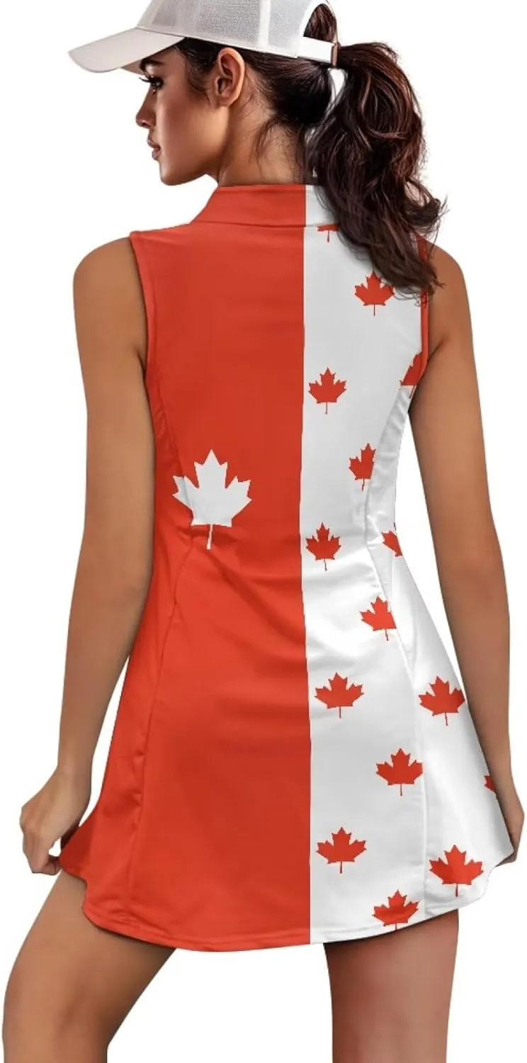 Women's Tennis Golf Dress with Built in Shorts and Pockets Activewear Workout Zipper Dress Sleeveless Gym Dress