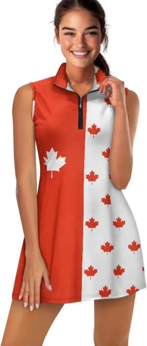 Women's Tennis Golf Dress with Built in Shorts and Pockets Activewear Workout Zipper Dress Sleeveless Gym Dress